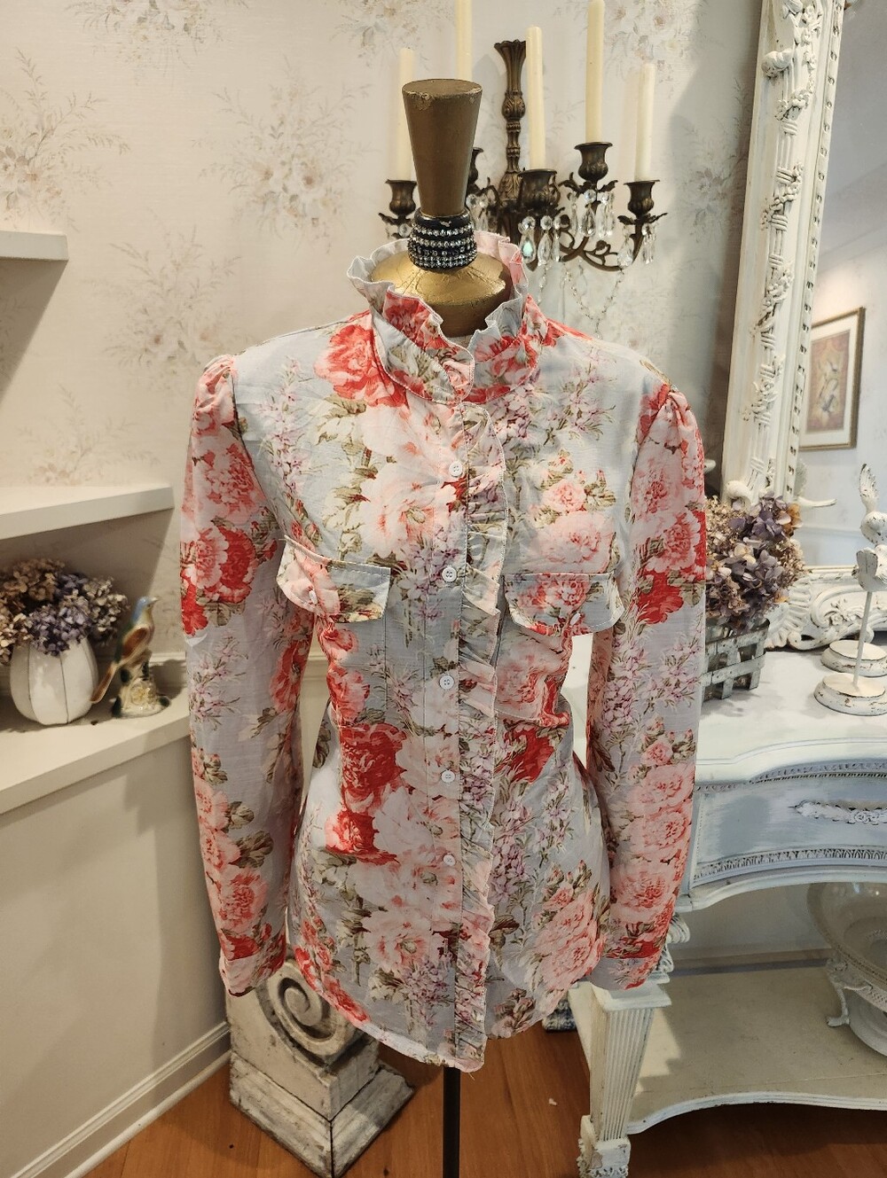 Romantic Cottagecore Floral Ruffle Blouse Shabby Chic Coquette Victorian Top XL
